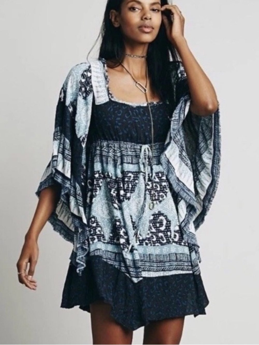 Free People Heart Of Gold Indigo, Blue, and White Flowy Bohemian Dress